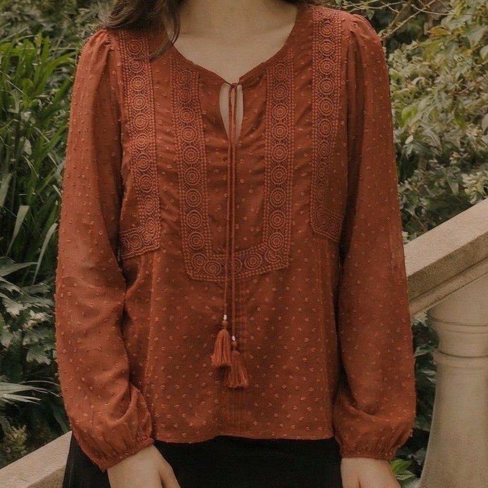 Miss Me Swiss Dot Blouse Women Large Rust Good Boho Crochet Tassel - Picture 13 of 13